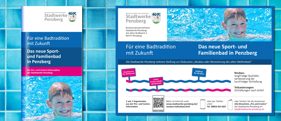 Pro- und Contra-Argumentation, Anzeige und Flyer zum Schwimmbad Neubau in Penzberg